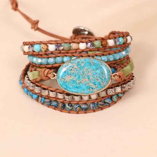 Handmade Natural Ocean Jasper Leather Wrap Bracelet